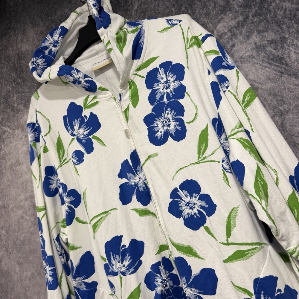 Alfred Dunner Womens 24W White Floral Print Full Zip Hoodie Jacket Blue Green
